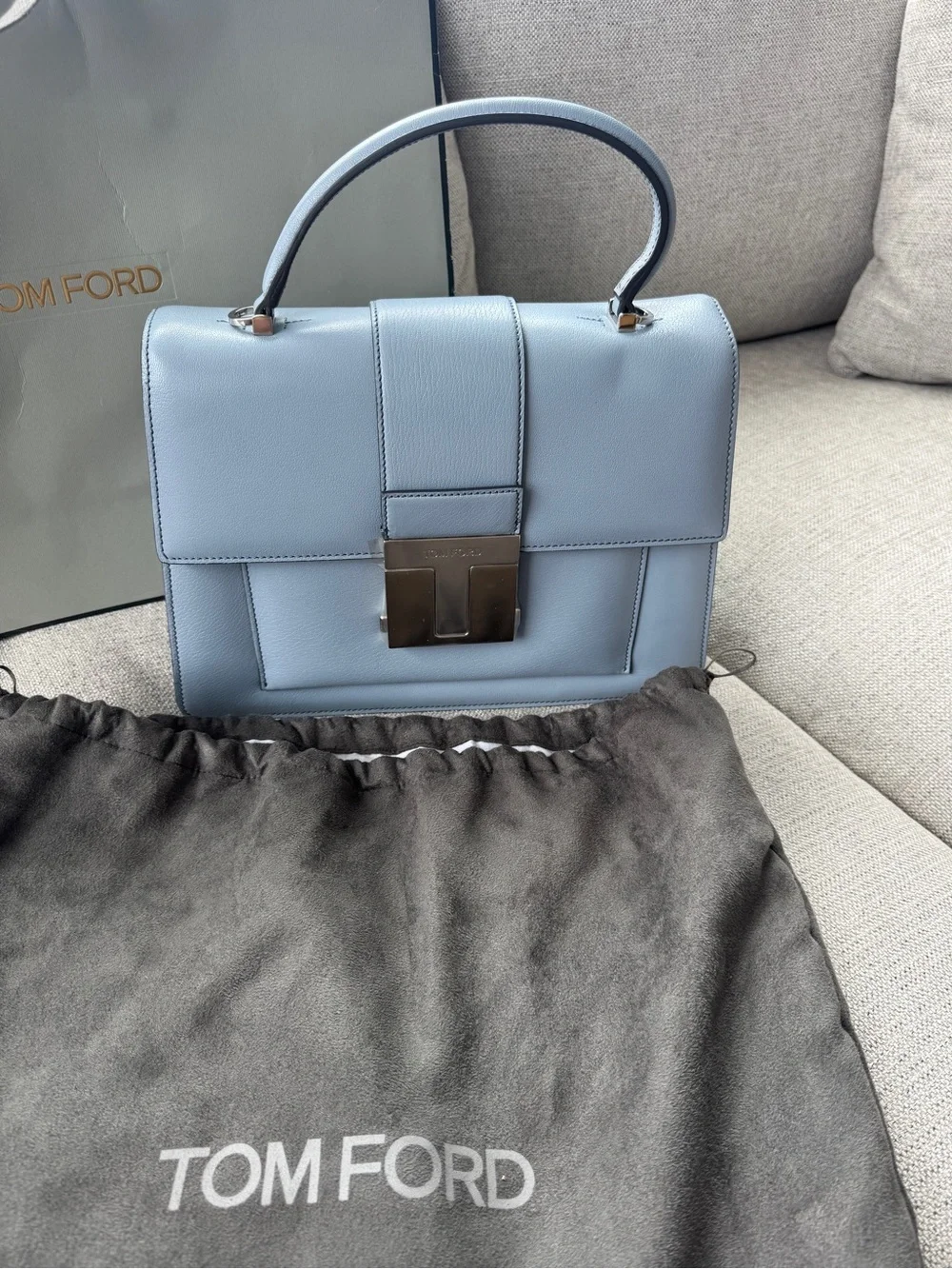 Brand New Luxury - Tom Ford Baby Blue T Lock Leather Top-Handle Satchel